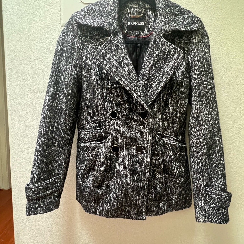 Express Women's Black and White Tweed Jacket Pea Coat